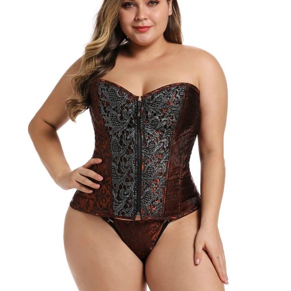 Brown Retro Corset Plus Size Corset Deep Brown Retro Lace Up Strapless Sleeveles - Picture 5 of 12